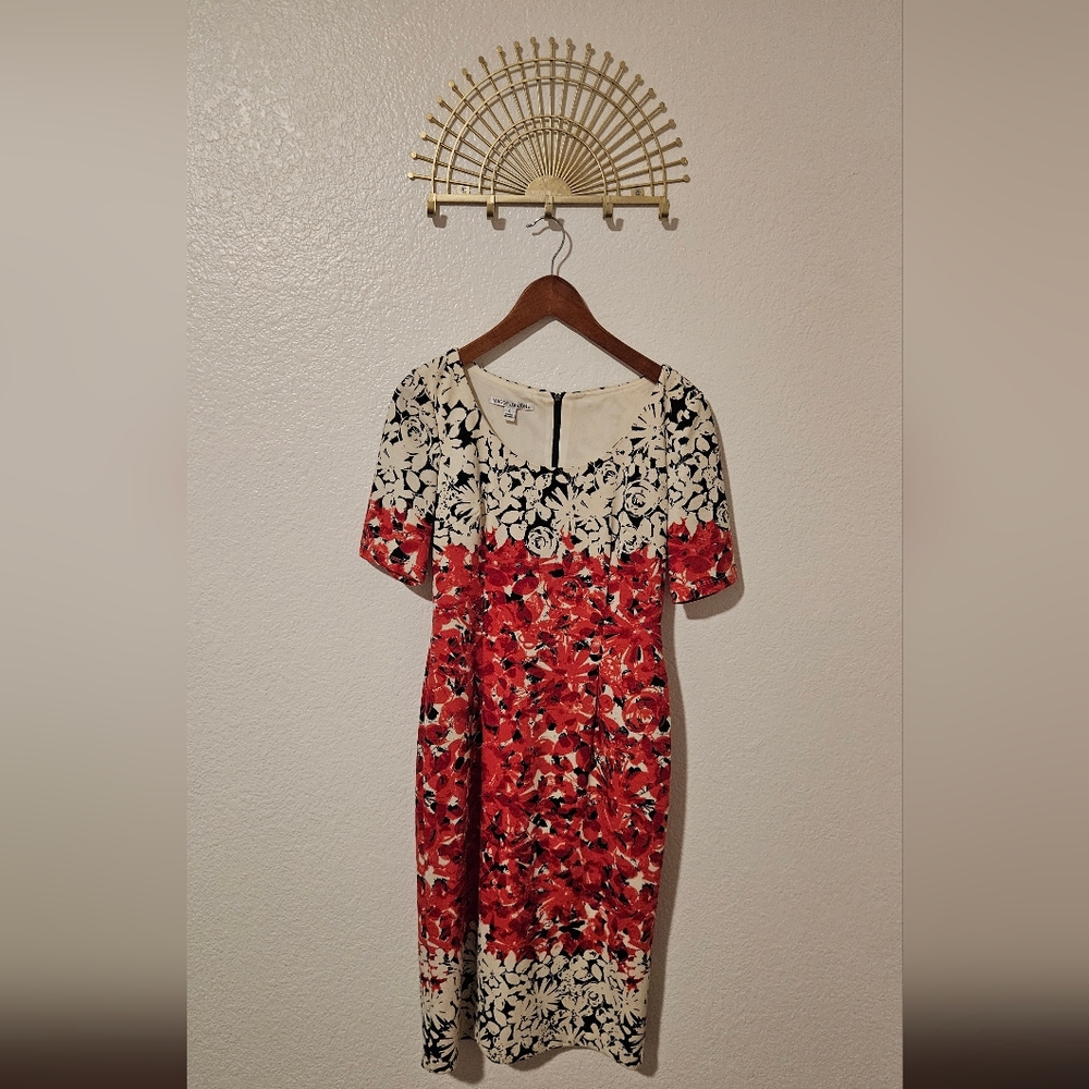 Maggy London Black, White, and Red Floral Midi Dress Size 8
